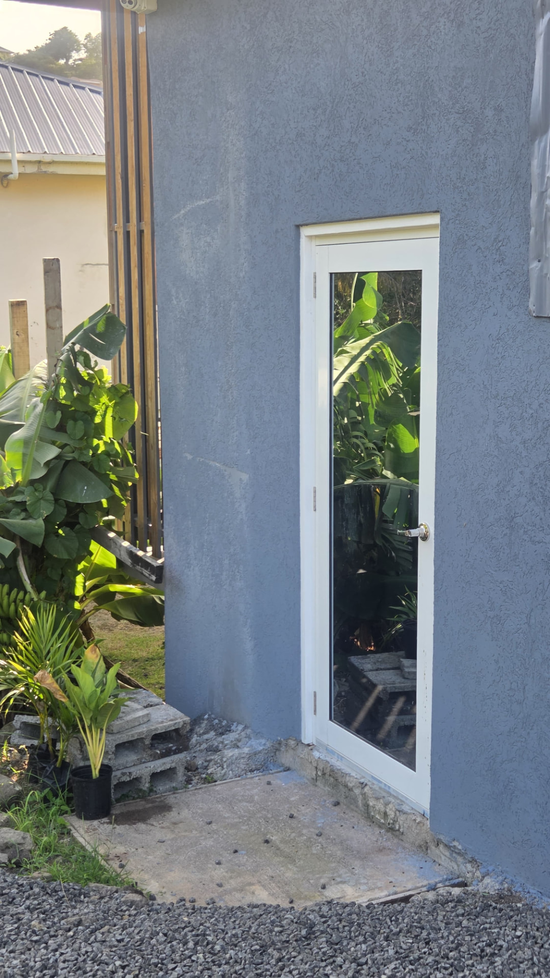 Private entrance door surrounded by tropical greenery