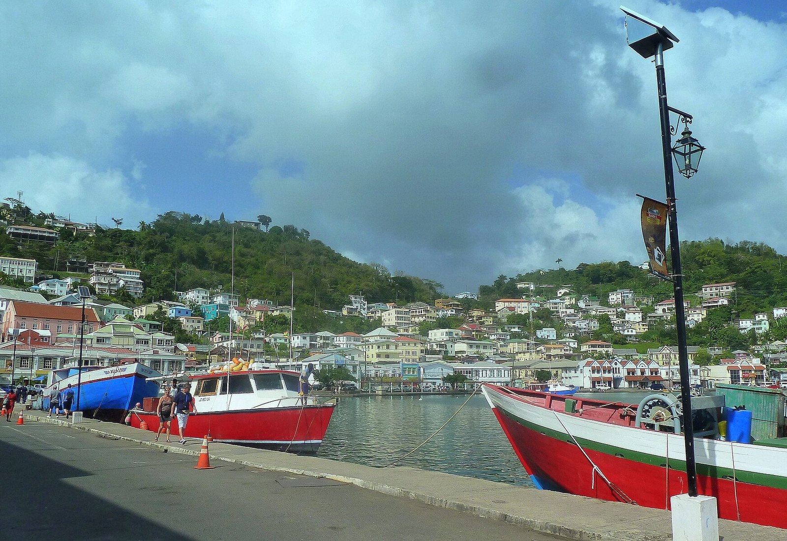 The Carenage in St. George's, Grenada — fishing boats along the harbour and pastel houses on the hillside